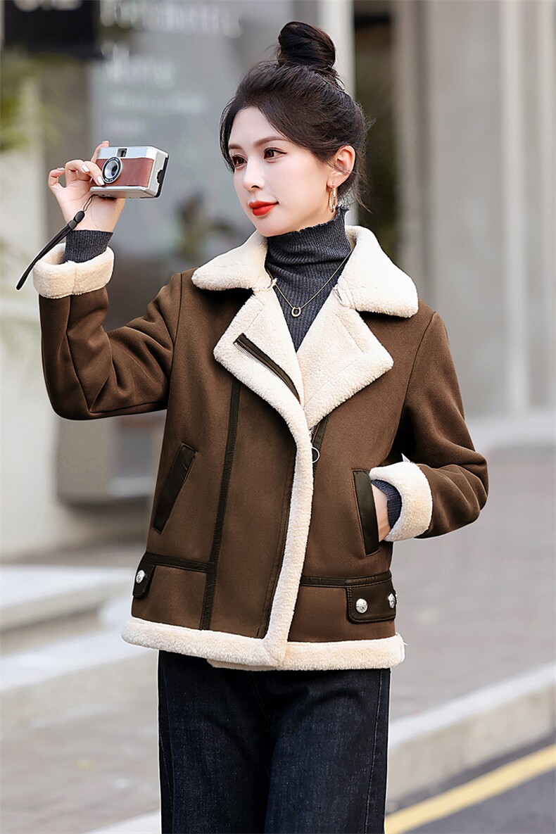 现货冬款拼接复合皮毛一体时尚保暖服颗粒绒外套百搭休闲韩系加绒,女装羊羔毛/颗粒绒,韩美纤衣