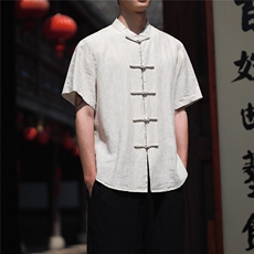 纯亚麻夏季薄款宽松短袖上衣风复古唐装盘扣衬衫男CS07，男装T恤，星座704A（原B229A）