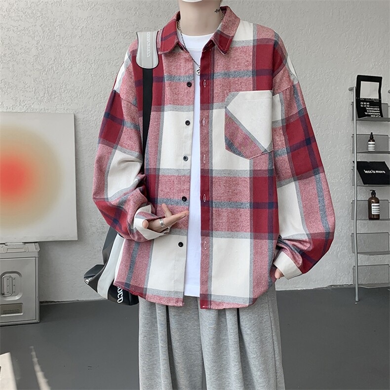 衬衫男秋季新款港风宽松大码磨毛格子长袖衬衣CS6636-特P29，男装衬衫，星座214-3