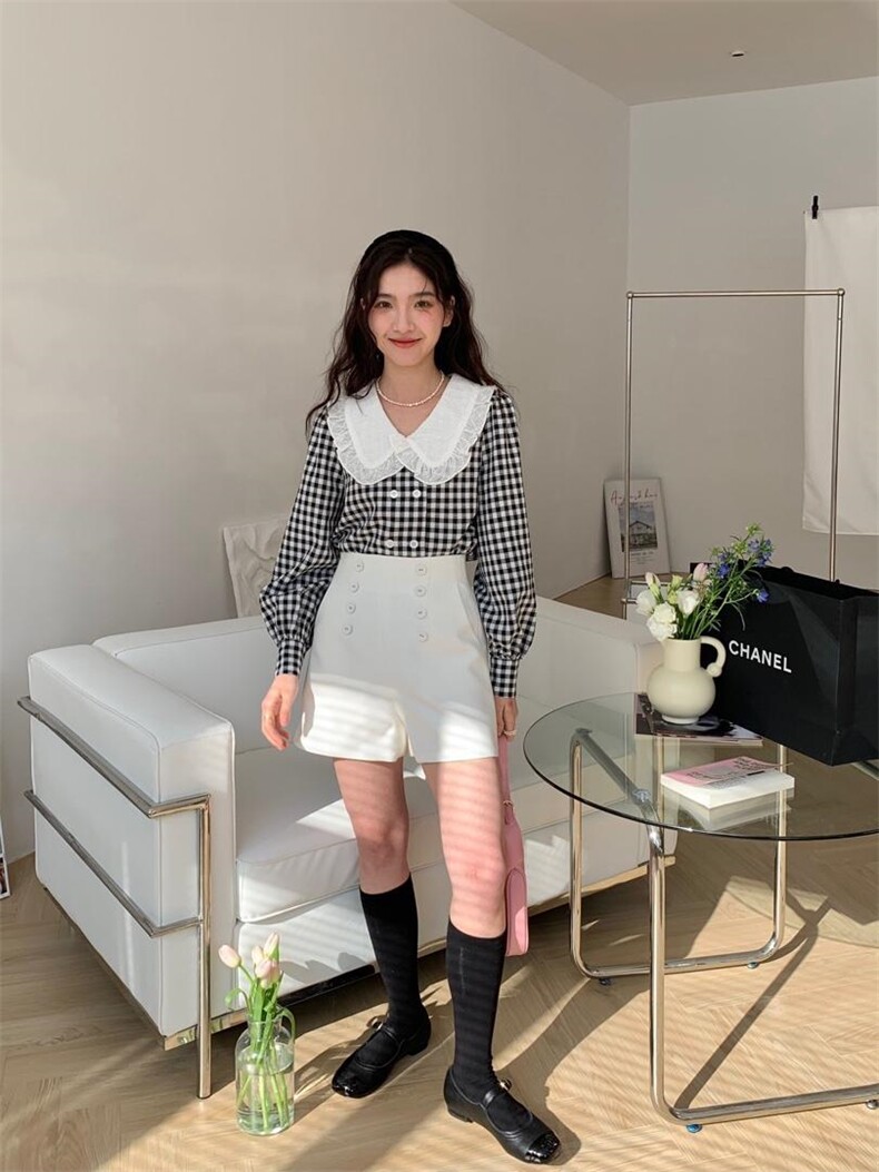 春季新款翻领蕾丝格纹小衫，其它，她物
