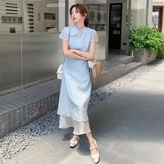 新中式改良旗袍设计感时尚收腰显瘦裙子女2025夏季淡人国风连衣裙，女装连衣裙，纯色衣恋