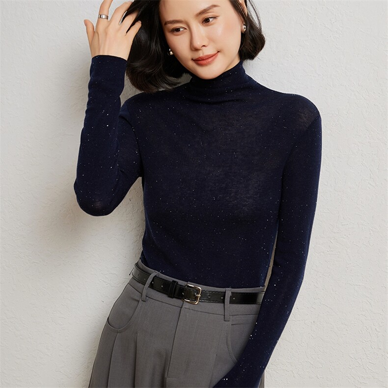 无缝美丽诺精纺羊毛超薄高领女可机洗半高领修身打底针织衫,女装羊绒衫,臻维羊绒