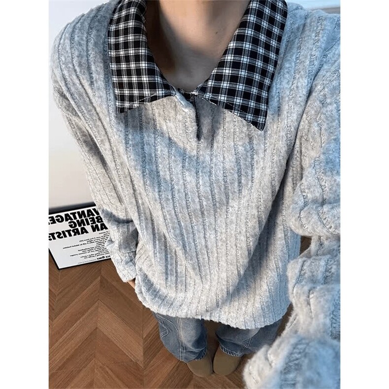 3379美式复古polo领拼接撞色毛衣男款潮牌宽松针织上衣外套，男装针织衫/毛衣，星座308A-1（原309B-1）