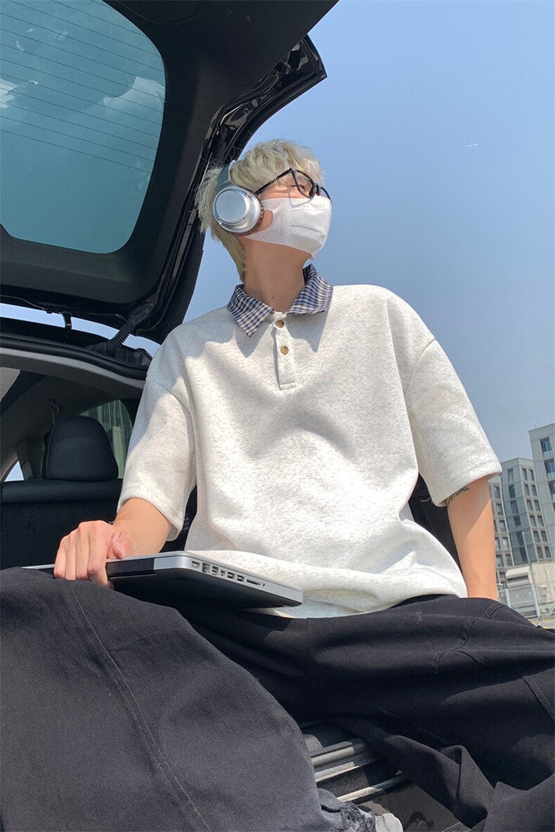 假两件格子拼接T恤夏季美式潮牌短袖POLO衫翻领上衣T3640-特价P29,男装T恤,电商A007