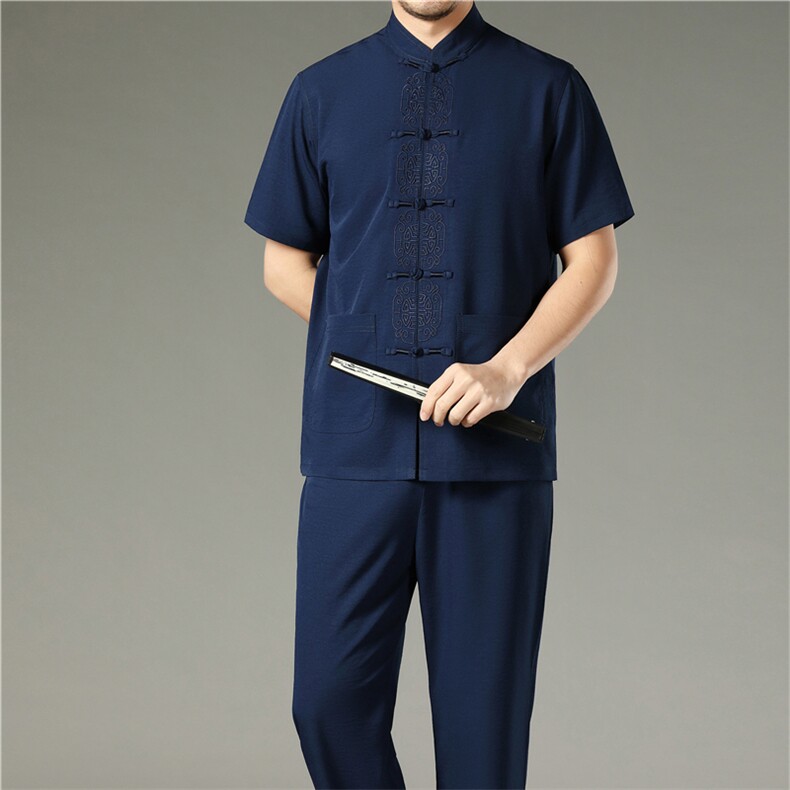 中老年唐装男风短袖套装夏季老人男装中式爷爷太极服爸爸夏装图片
