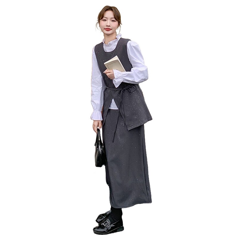 灰色小香风马甲套装裙女2025春季新款韩系穿搭高级感半身裙三件套,女装套装/套裙,2D078