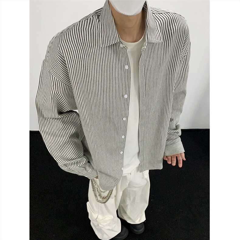 美式黑白条长袖衬衫加厚版本C5889-特P28黑色2,男装衬衫,电商A094