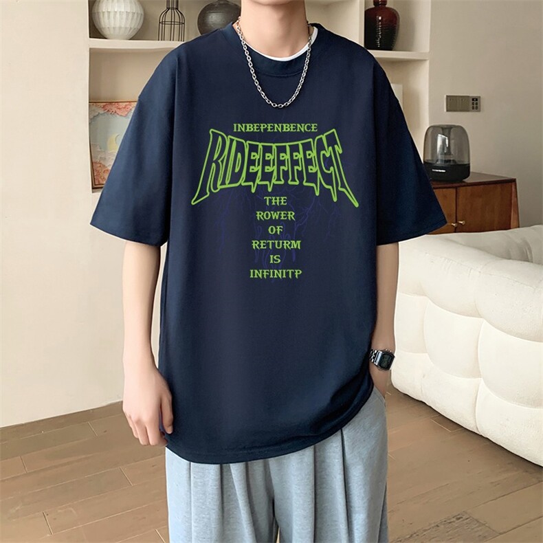 夏季流行男士纯棉落肩宽款印花短袖T恤休闲时尚吸汗透气T17图片