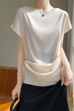 醋酸丝绸真丝缎面女一字领套头宽松短袖夏季新款纯色洋气上衣百搭，女装衬衫，羊特美羊绒