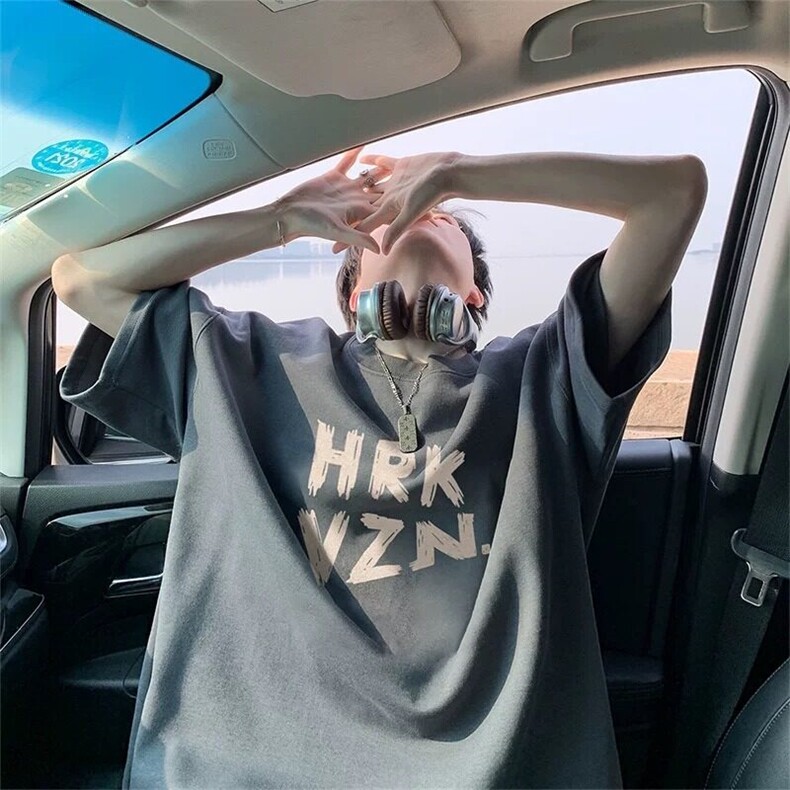 字母印花男生t恤短袖美式高街hiphop小领口半袖黑色重磅纯,男装T恤,星座218-1（原230）