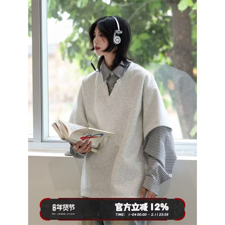 1506-1/CH2931/P49日系复古假两件格子长袖衬衫男秋季新款卫衣潮图片