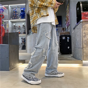 韩版高街ins嘻哈牛仔裤宽松百搭拖地直筒阔腿老爹长裤子N1822-p45图片