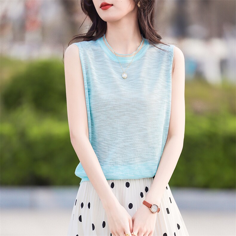 夏季新款精纺细支竹节麻女圆领针织衫宽松短款无袖背心薄款打底衫,针织衫/毛衣,鹿一羊绒