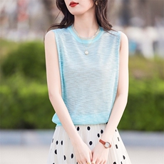 夏季新款精纺细支竹节麻女圆领针织衫宽松短款无袖背心薄款打底衫，女装针织衫/毛衣，鹿一羊绒