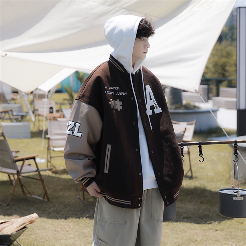 潮咖啡色拼图皮刺绣休闲夹克外套美式春秋棒球服男W3781-P55,男装夹克,星座512-2