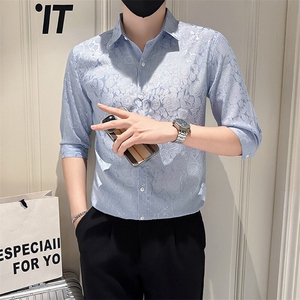 店主风社会小伙男士新款提花七分袖衬衫男衬衣301A-1/CS588/P55图片