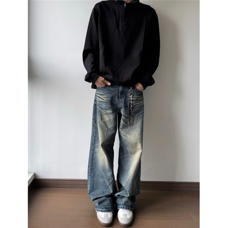 美式复古水洗宽松直筒cleanfit牛仔长裤男女高街拖地裤WL7922-P50,男装牛仔裤,星座1008