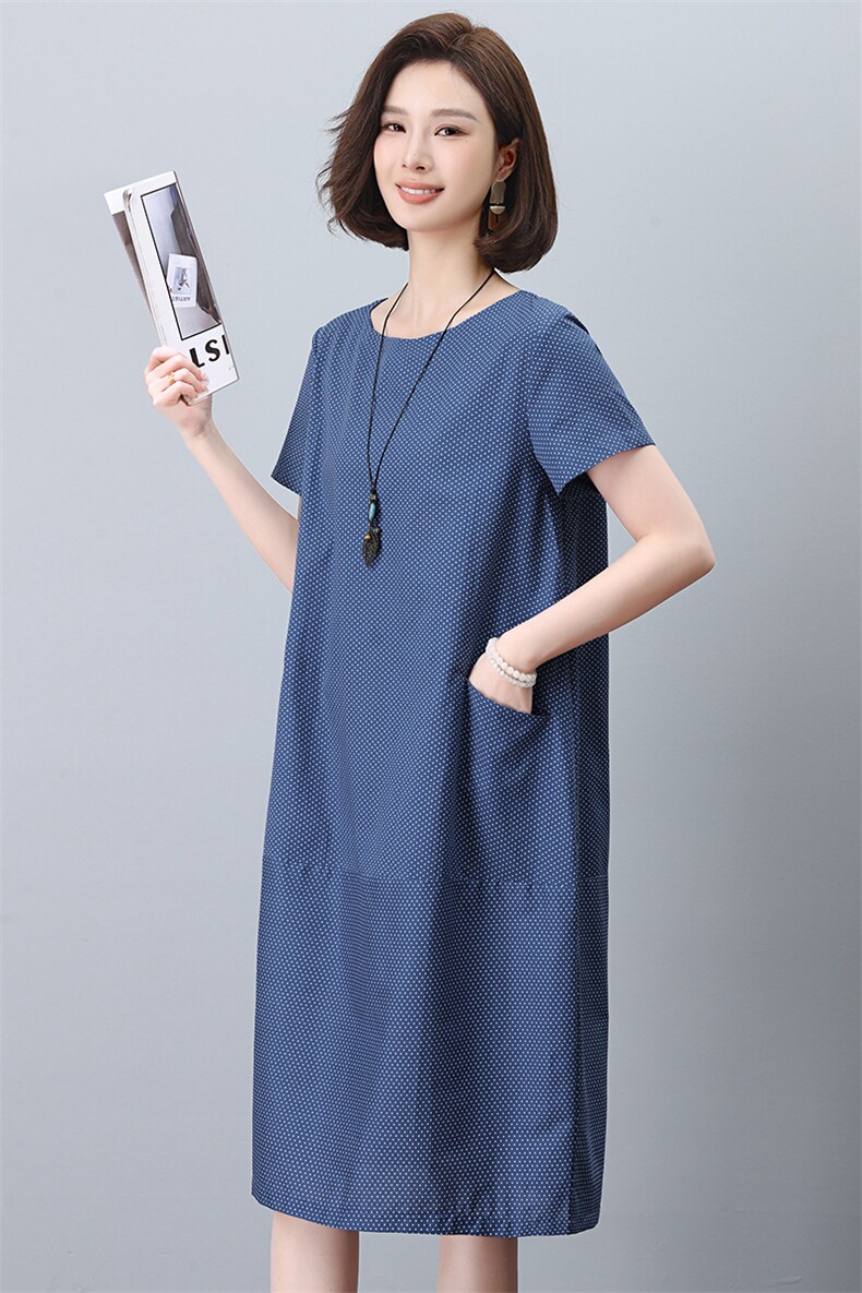 圆点连衣裙女2024新款夏季宽松全棉直筒裙显瘦妈妈遮肚子休闲裙子,女装连衣裙,依恋蒂丝