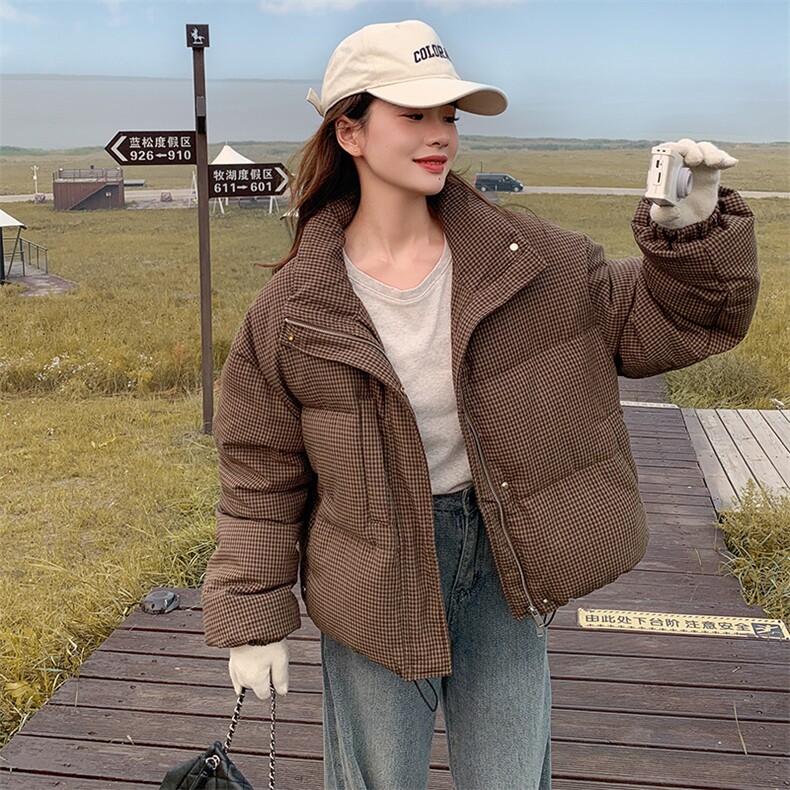 韩版咖色格纹短款羽绒服女2025年冬季新款显瘦保暖立领白鸭绒外套图片