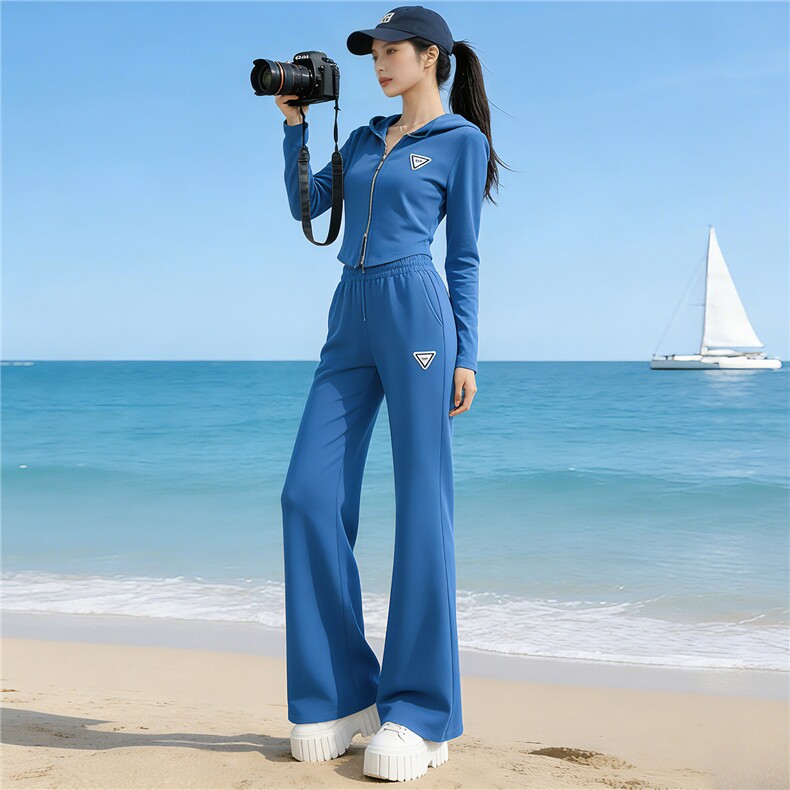 女春季新款时尚休闲套装收腰显瘦短款连帽长袖卫衣阔腿长裤两件套,女装套装/套裙,江南