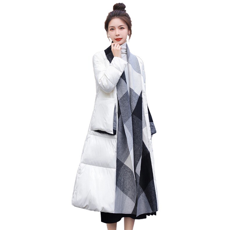 时尚设计感格纹毛呢拼接羽绒服女2025冬季新款气质高端白鸭绒外套,女装羽绒服,雅静靓衣