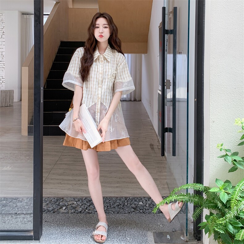 小众不撞款穿搭女2025夏新款刺绣格纹网纱拼接衬衫阔腿裙裤两件套,女装套装/套裙,2C176