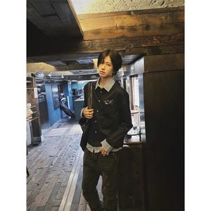 现货蓝色格子拼接翻领长袖上衣情侣款男女假两件衬衫 CX03-p45图片