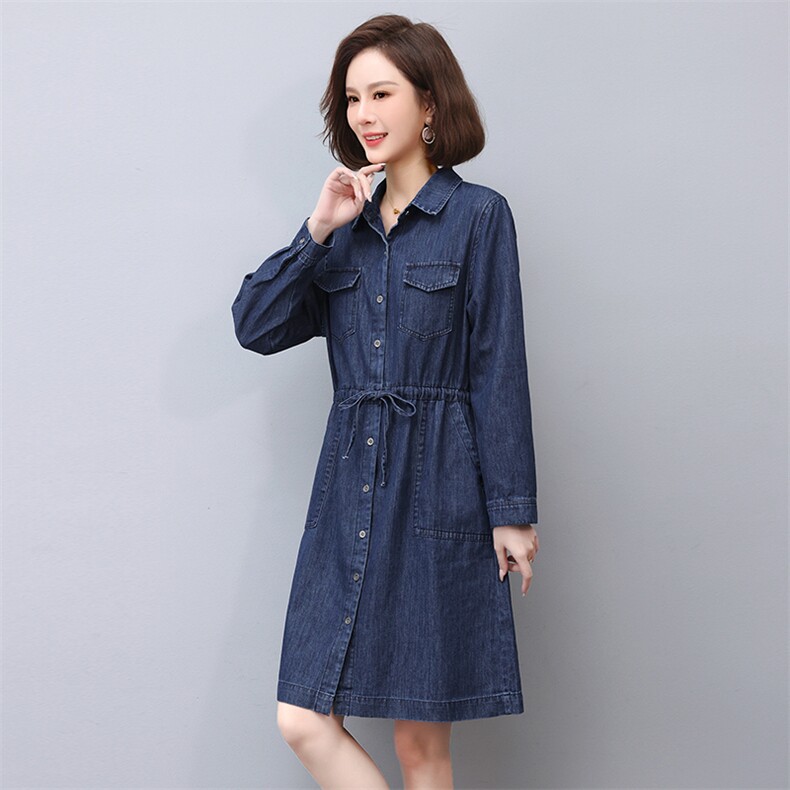 2023年春季新款复古通勤收腰大口袋牛仔连衣裙女显瘦长袖衬衫裙潮图片