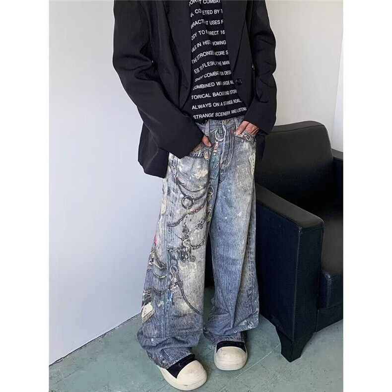 D7788-特P70印花链条做旧牛仔裤男秋季街头痞帅废土风泼墨阔腿裤图片