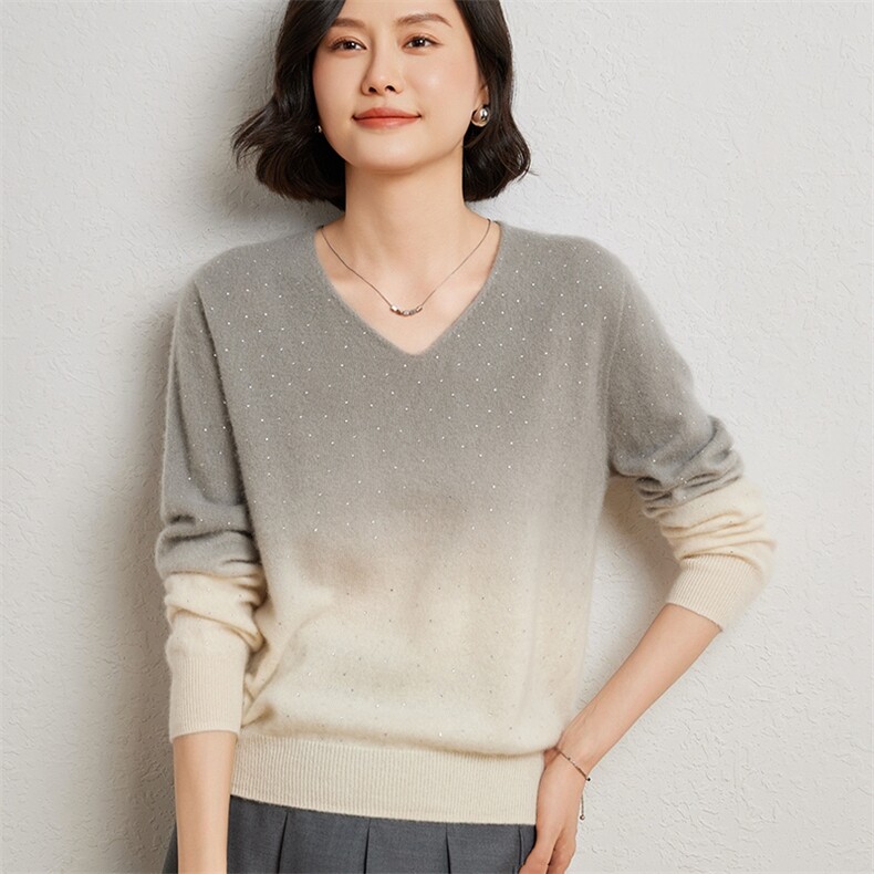 时尚优雅女士渐变色V领衫10%加烫钻设计显瘦百搭款,女装羊绒衫,臻维羊绒