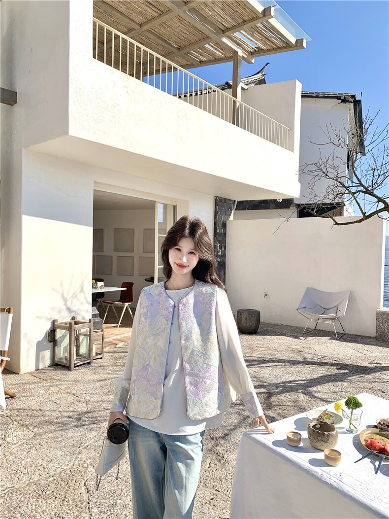 紫色高级感撞色刺绣风马甲小衫套装两件套女早春秋两面穿马夹,女装短外套,艾米莉亚