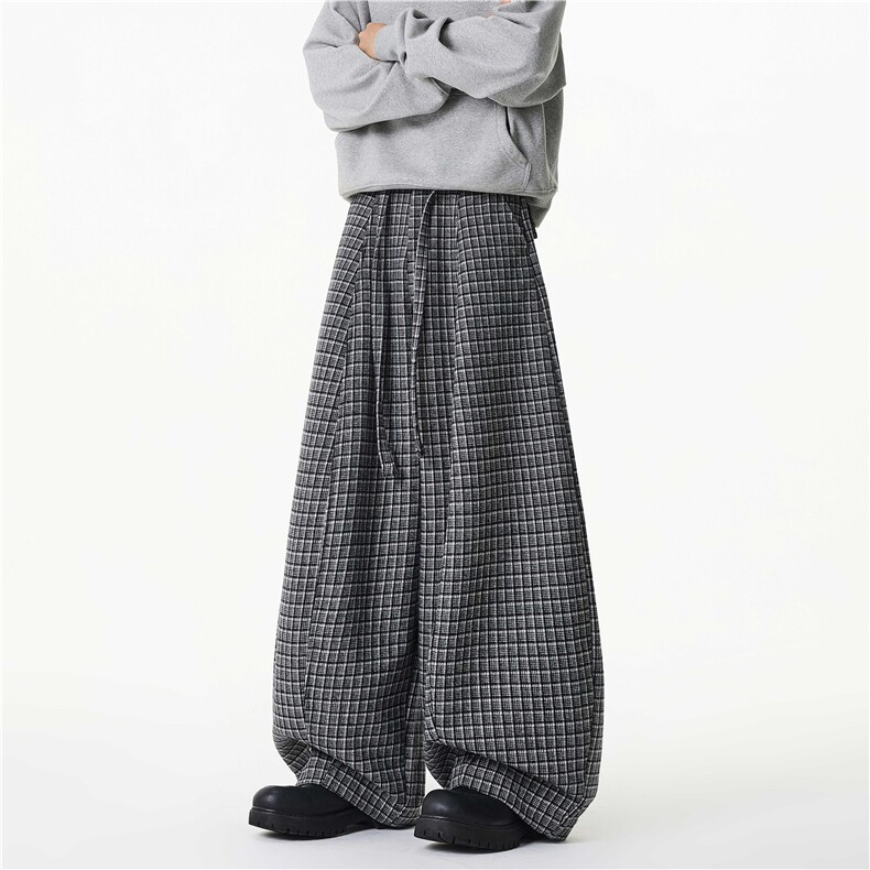 2025冬季美式压褶抽绳格子设计阔腿休闲裤B315-K25917-特p52控98,男装休闲裤,电商B315