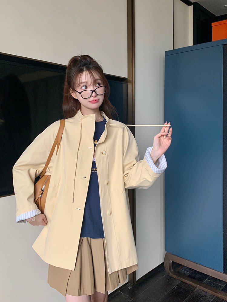 黄色工装风衣外套女春秋2024新款韩系宽松小个子抽绳收腰显瘦夹克,女装风衣,浙宝192（原082）