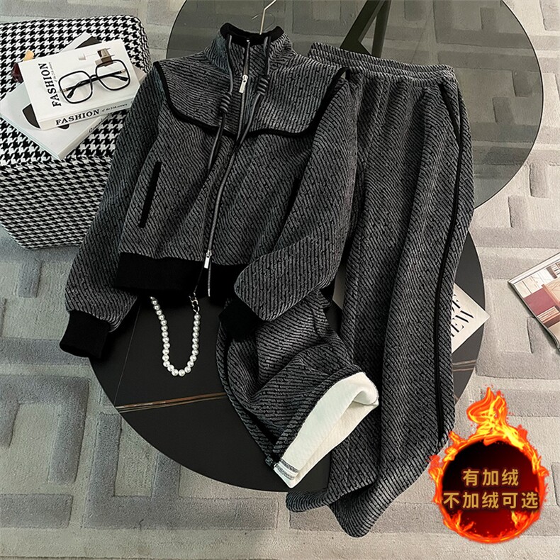 女秋冬撞色加绒外套阔腿裤显瘦两件套图片