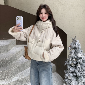 毛呢拼接羽绒服女冬季2025新款连帽保暖夹棉好看短外套图片