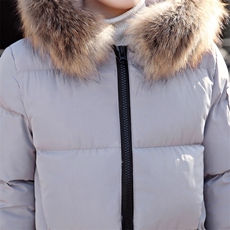 2020年冬季长袖加厚中长款修身口袋带毛领拉链连帽纯色棉衣/棉服，女装棉衣/棉服，蓝诺裳