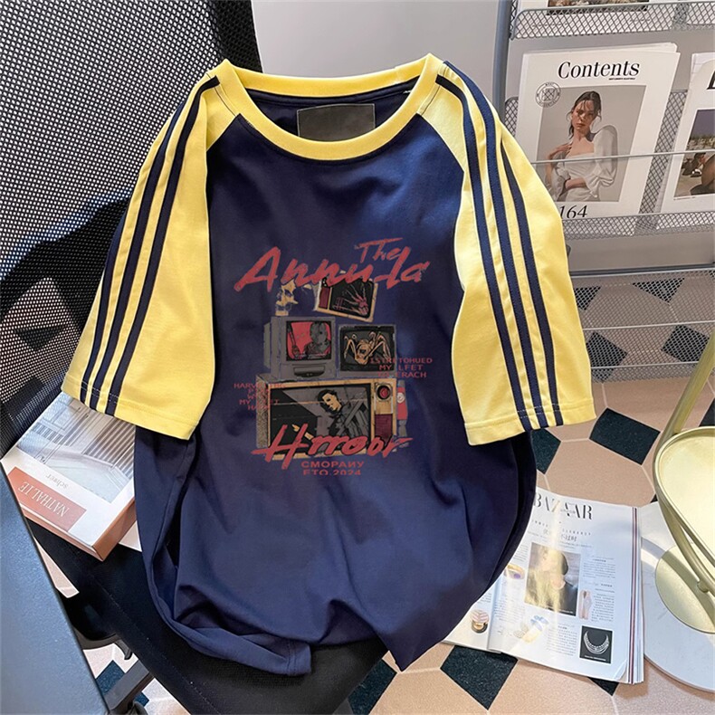 夏季美式高街重磅纯棉三条杠织带插肩撞色男女短袖T恤CZ65-特P25,男装T恤,电商A486