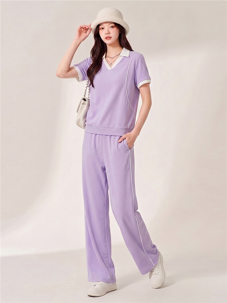 盐系高级感休闲运动时尚套装女夏季减龄翻领短袖上衣阔腿裤两件套,女装套装/套裙,江南