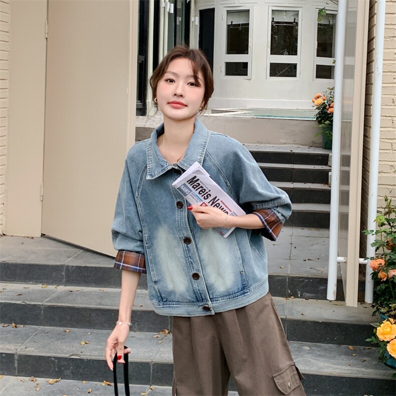 格子拼接牛仔外套女春秋2025新款百搭流行别致独特设计感夹克上衣,女装牛仔外套,慕依路
