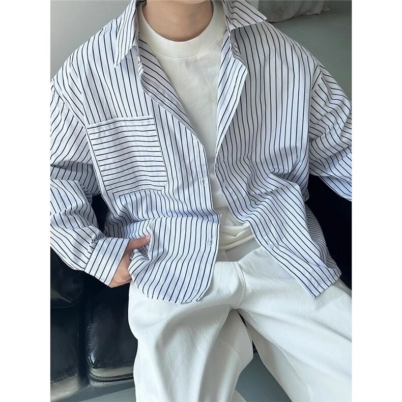 杭州现货时尚竖条纹廓形宽松白衬衫ins男休闲经典款复古百搭衬，男装衬衫，星座218-1（原230）