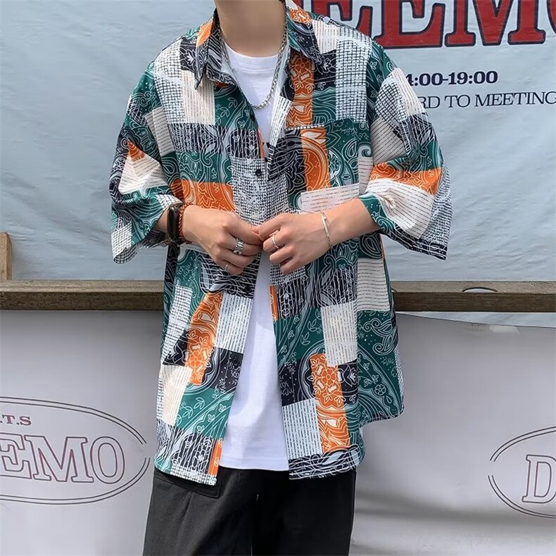 五分袖春季拼色格子衬衫青春流行ins男潮新款简约百搭潮流,男装衬衫,星座716-4