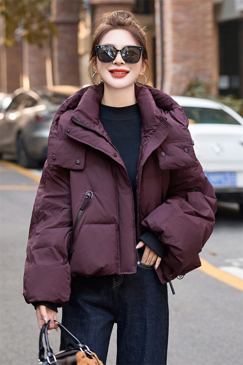 超好看紫色短款羽绒服女2024冬新款小个子宽松时髦洋气白鸭绒外套,女装羽绒服,伊仟回