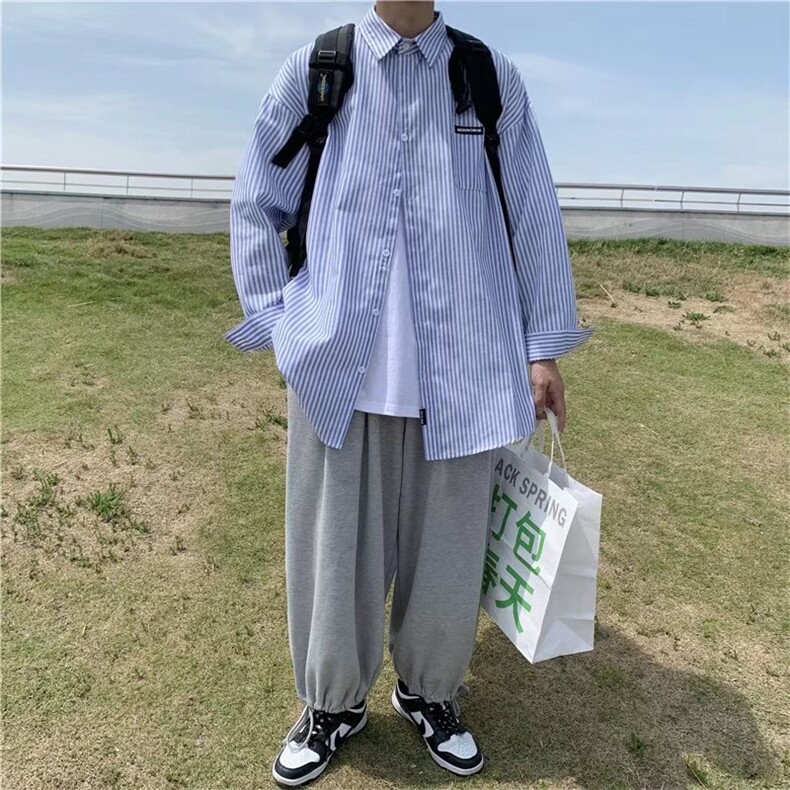 日系复古条纹长袖衬衫男港风潮流宽松休闲衬衣春秋外套CS755-p33,男装衬衫,星座1008
