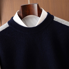 2025年秋季圆领拼色男款时尚百搭通勤简约休闲，男装羊毛衫，狄美羊绒