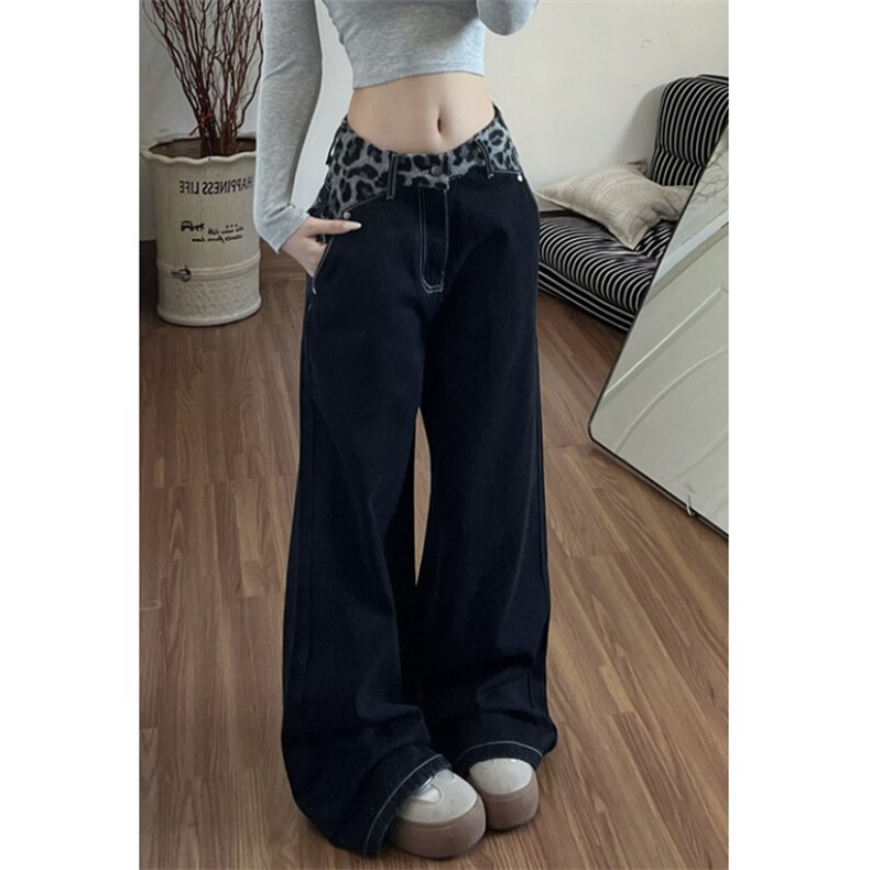 拼接豹纹腰头牛仔裤男女新款设计感宽松直筒显瘦拖地长裤NK1029,男装牛仔裤,星座1116A（原606A-3）