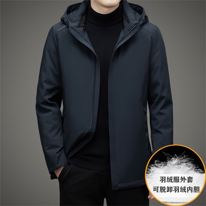 2023新款男装连帽可脱卸内胆羽绒服中年冬季厚款休闲保暖鸭绒外套图片