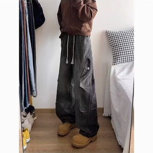 美式复古做旧解构阔腿牛仔裤男秋季高街设计感褶皱cleanfit直筒裤图片