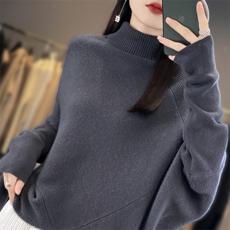 宽松慵懒风100%纯羊毛衫女高领加厚不规则长袖毛衣打底羊绒衫上衣,女装羊毛衫,迅太羊绒
