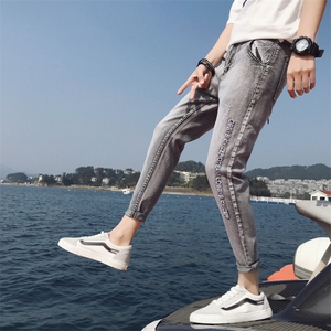九分牛仔裤男9分裤韩版潮流九分裤修身秋季破洞小脚裤帅气图片