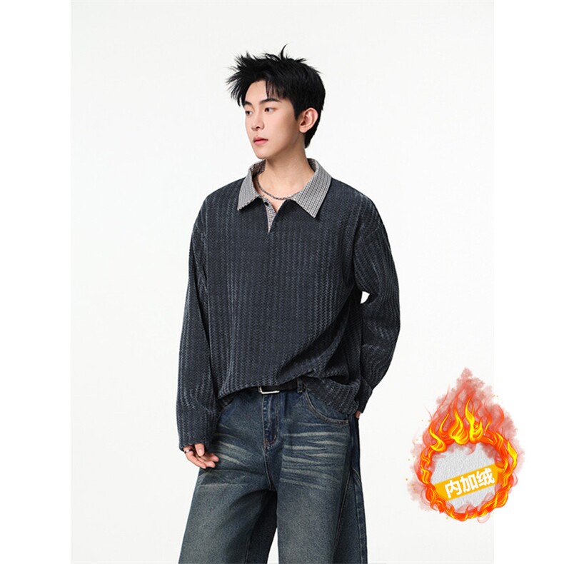 加绒加厚卫衣千鸟格长袖t恤polo打底衫504-T503-特P28（加绒P33）,男装Polo衫,星座504